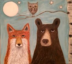 two bears and an owl sitting on a tree branch with the moon in the background