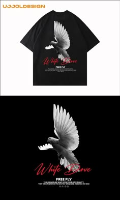 two t - shirts, one with an image of a bird on it and the other with