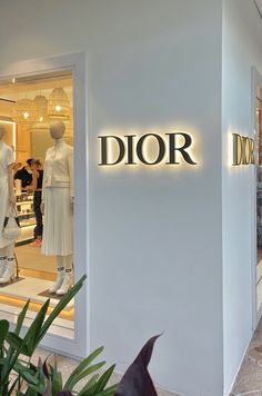 a store front with the word dior on it's side and mannequins in the window