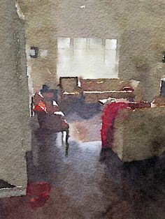 a watercolor painting of a living room and kitchen