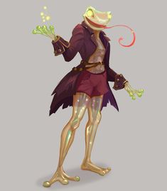 an animated character dressed as a frog holding a wand and wearing a purple dress with gold accents