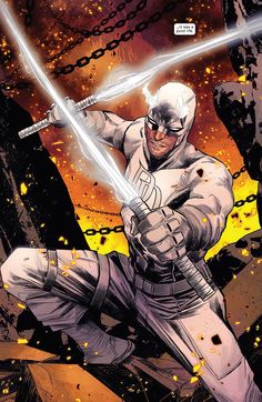 a comic character with two swords in his hands and one hand on the ground, while another