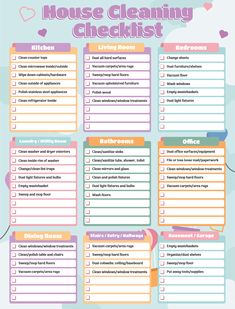 the house cleaning checklist is shown in pink and blue, with hearts on it