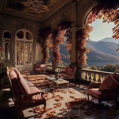 an outdoor sitting area with lots of leaves on the ground