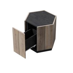 the side table is made out of wood and has two open compartments on each side