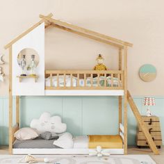 a child's bedroom with a bunk bed and toys on the floor