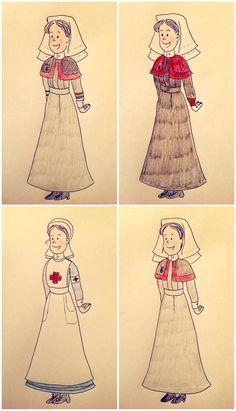 four drawings of women in dresses with red and white trims, each wearing a veil