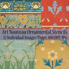 the cover of art nouveau ornamental stencils, featuring flowers and leaves in four different colors