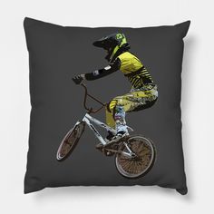 bicycle motocross action -- Choose from our vast selection of throw pillows to match with your desired size to make the perfect custom pillow. Pick your favorite: Movies, TV Shows, Art, and so much more! Available in extra small, small, medium, large. For beds, couches/sofas, love seats, and chairs. Perfect for decoration. Bmx Bedroom, Men Room, Motocross Pillow, Bike Decorations, Bmx Frames, Bmx 26 Inch, Bmx Bike, Motocross Action, Man Room