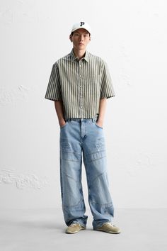 BOXY FIT STRIPED SHIRT Striped T Shirt Outfit Men, Unisex Japanese Fashion, Men In Graphic Tees, Button Down Men Outfits, Men Streetwear Outfits Street Styles, Boxy Oversized Shirt, Teen Boy Fashion Trends 2024, American Streetwear, Miami Men’s Fashion