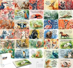 an assortment of cards with animals and words on them