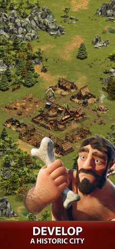 a cartoon character holding a bone in front of a town with lots of trees and rocks