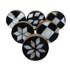 black and white checkerboard buttons with flower design on them, set of six