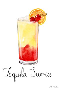 a watercolor drawing of a tequila sunrise cocktail with an orange slice and cherry garnish