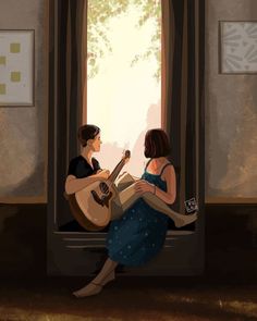 two women are playing the guitar in front of an open window