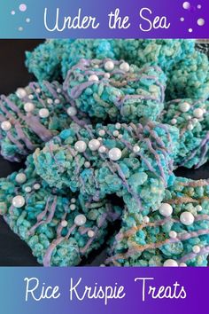 blue and white rice krispy treats are stacked on top of each other with the words under