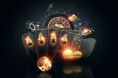 a casino rouleet with playing cards and dices on the black background 3d illustration