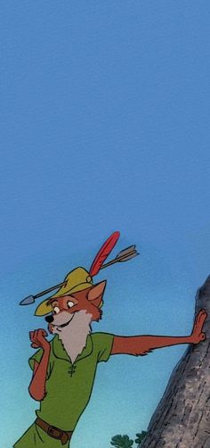 the fox and the hound is standing next to a tree trunk with an arrow in its mouth