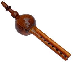 a wooden instrument with holes in the middle and a string on it's end