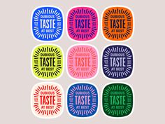 six different colored stickers with the words taste at best written on them in various languages