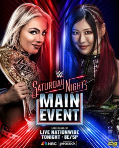 two women standing next to each other in front of a neon background with the words main event