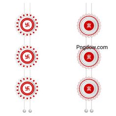 three red and white chinese symbols hanging from strings