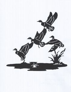 three ducks are flying in the air above grass