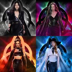 four different images of women in leather outfits and hats, all with their hair styled to look like they are from the 80s's