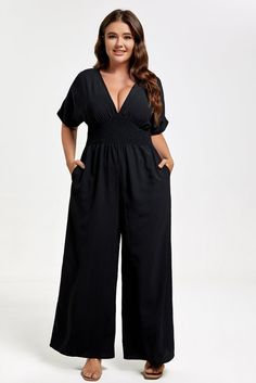 Black Jumpsuits Plus Size, Black V-neck Jumpsuits And Rompers With Ruffles, Black V-neck Jumpsuit, Black V-neck Jumpsuit With Ruffles, Black V-neck Jumpsuit With Pockets, Plus Size Jumpsuit, Wide Legs, Plus Size Womens Clothing, Dolman Sleeve