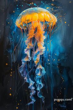 a painting of yellow and blue jellyfish