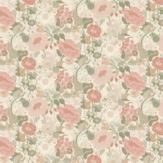 a floral wallpaper with pink flowers and green leaves on the bottom half of it