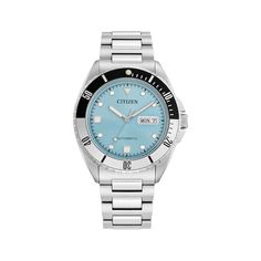 Experience the fusion of sporty style and everyday functionality with this stylish men's watch. 42mm silver-tone stainless steel case Features a striking light blue dial with a sunray finish paired with bold geometric appliques and a day-date display at 3 o’clock Integrated crown guards and a two-tone 60-minute bezel add to its sporty credentials Scratch-resistant sapphire crystal Silver-tone stainless steel bracelet with push-button fold-over clasp Water-resistant to 100 meters Caliber 8200 Stylish Watches Men, 3 O Clock, Sporty Style, Push Button, Men's Watch, Steel Bracelet, Sapphire Crystal, Stainless Steel Bracelet, Stainless Steel Case