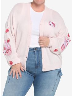 Hello Kitty Strawberry Milk Skimmer Cardigan Plus Size Hello Kitty Strawberry, Plus Size Hot, Cardigan Plus Size, Kitty Clothes, Space Outfit, Run It, Girls Cardigan, Strawberry Milk, Plus Size Fits