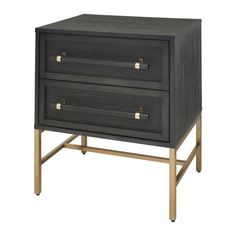 a black dresser with two drawers on one side and gold trimming around the bottom