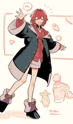 an anime character with red hair and black boots, wearing a blue coat and pink shirt