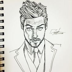 a drawing of a man's face with his hair pulled back and wearing a suit