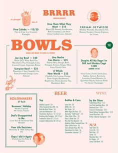 an orange and green menu for bowling