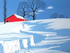 a painting of a red barn in the middle of a snow covered field with trees