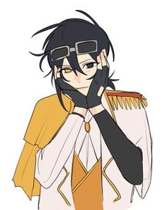 an anime character with glasses and a scarf on holding his hand up to his face