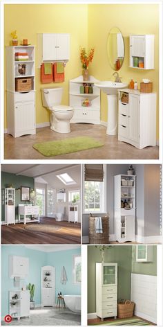 four different pictures of bathroom furniture in various styles and colors, including sink, toilet, cabinets, rugs