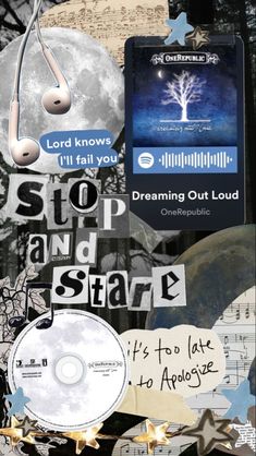 a collage with music notes, headphones, and other items in the background