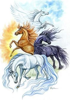 three horses are running in the sky with their heads turned to the side and one horse is