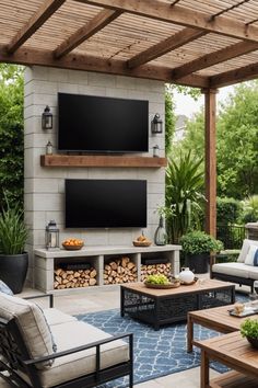 an outdoor living area with couches, tables and televisions on the wall above