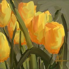 a painting of yellow tulips in a vase on a gray background with green stems