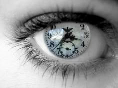 an eye with a clock in the middle of it's irise, and text that reads my gaze locked onto his and all else faded away