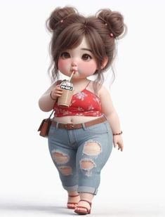 an animated doll is holding a drink and looking at the camera with her tongue out