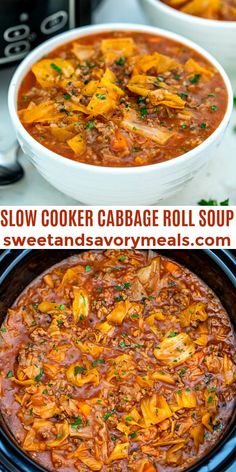 slow cooker cabbage roll soup in a crock pot with text overlay that reads slow cooker cabbage roll soup