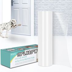 a white dog standing in front of a door next to a clear door sealer