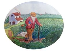 a painting of an old man walking through a field with a cane in his hand