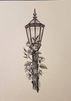 a drawing of a street light with flowers on it